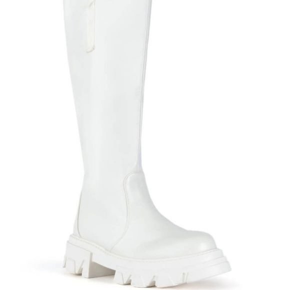 Callie Livs Gone Girl Azalea Wang Chunky Flat White Vegan Leather Riding Boot 10 - Picture 7 of 8